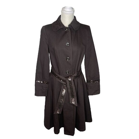 Zara Trench Coat with Peter Pan Collar & Sequin Embellishment Detail Size Large - Picture 2 of 12